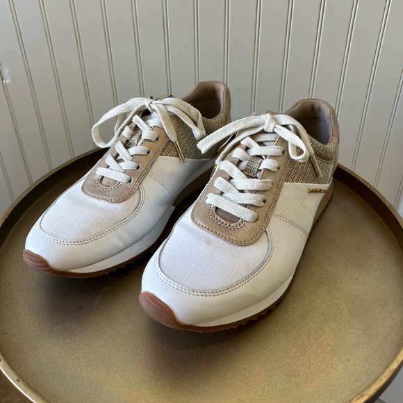 MICHAEL MICHAEL KORS ALLIE WRAP TRAINER SNEAKERS | GOLD & WHITE | 8.5 | EUC - Picture 2 of 10